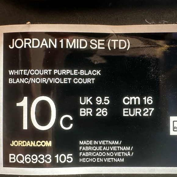 Brand new never worn Jordan 1 Mid SE Purple; size 10c - Picture 7 of 13